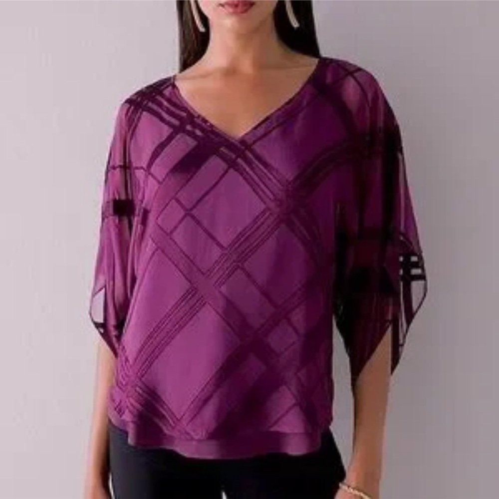 White House Black Market Purple silk V-Neck kimono sleeve Top Sz M‎ blouse